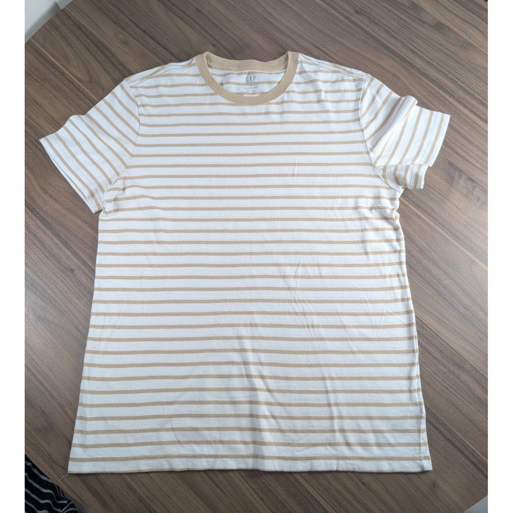 GAP Everyday Soft Beige & White Striped Crewneck T-Shirt Size Small